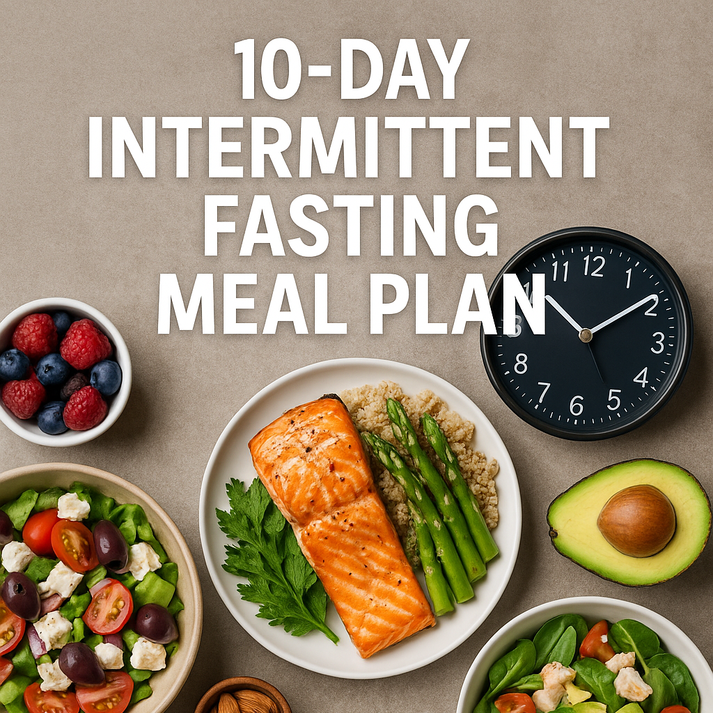 Assorted healthy foods with a clock and text overlay on a brown background