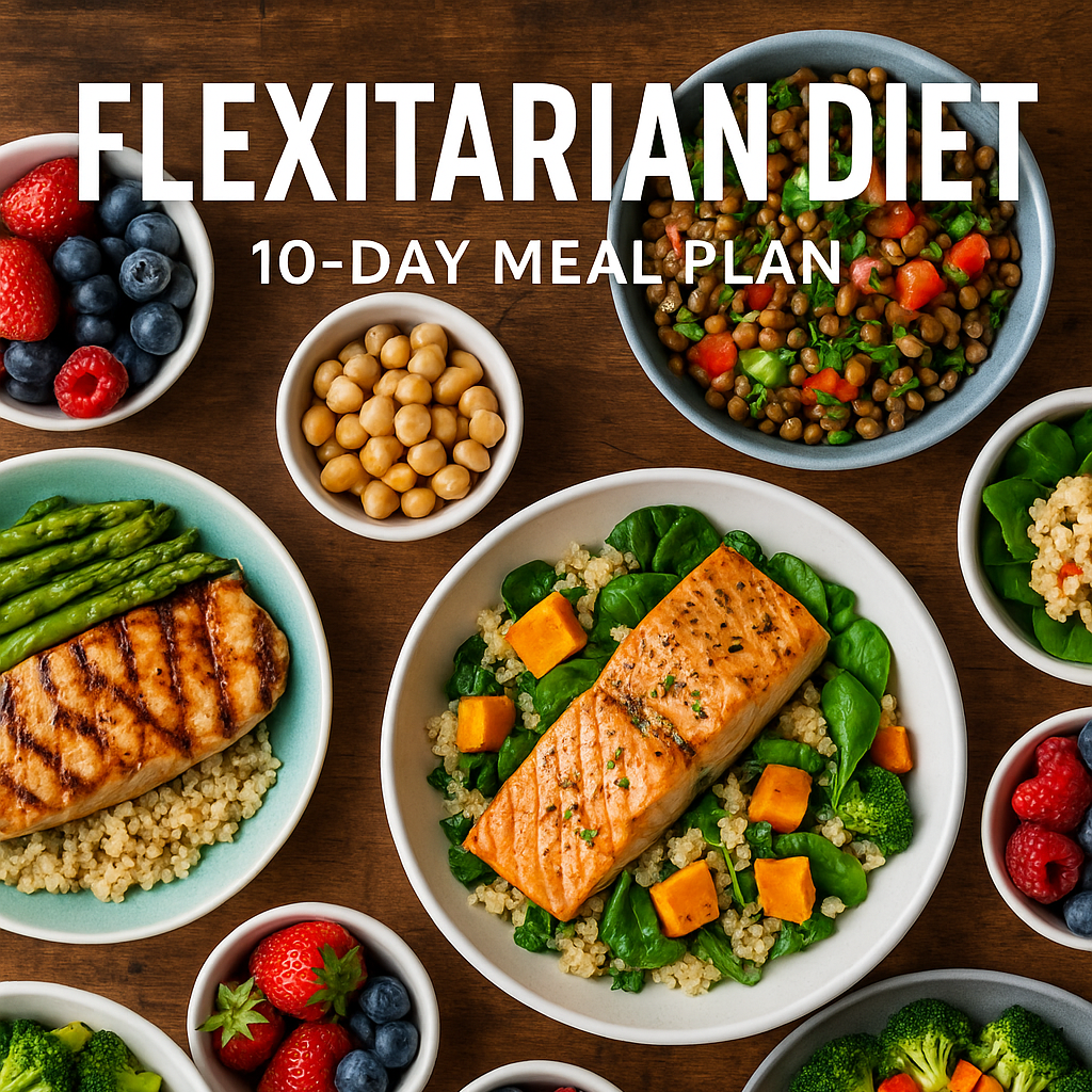 Assorted dishes of food on a wooden table with 'Flexitarian Diet 10-Day Meal Plan' text.