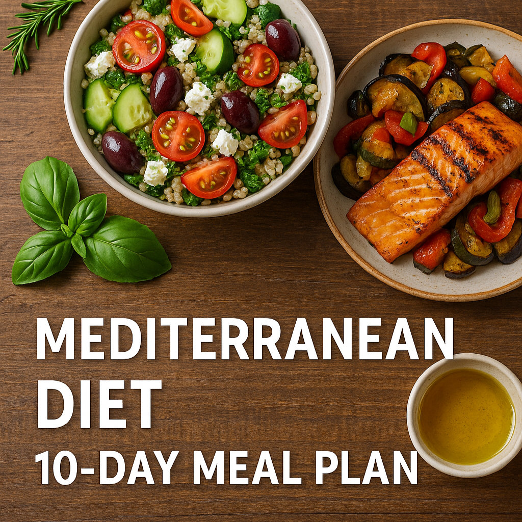 Mediterranean diet meal plan with salad, grilled salmon, and a magazine on a wooden table.