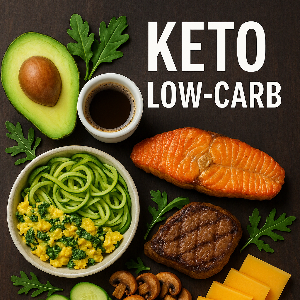 Collection of keto low-carb foods including avocado, salmon, zucchini noodles, and cheese on a dark background.